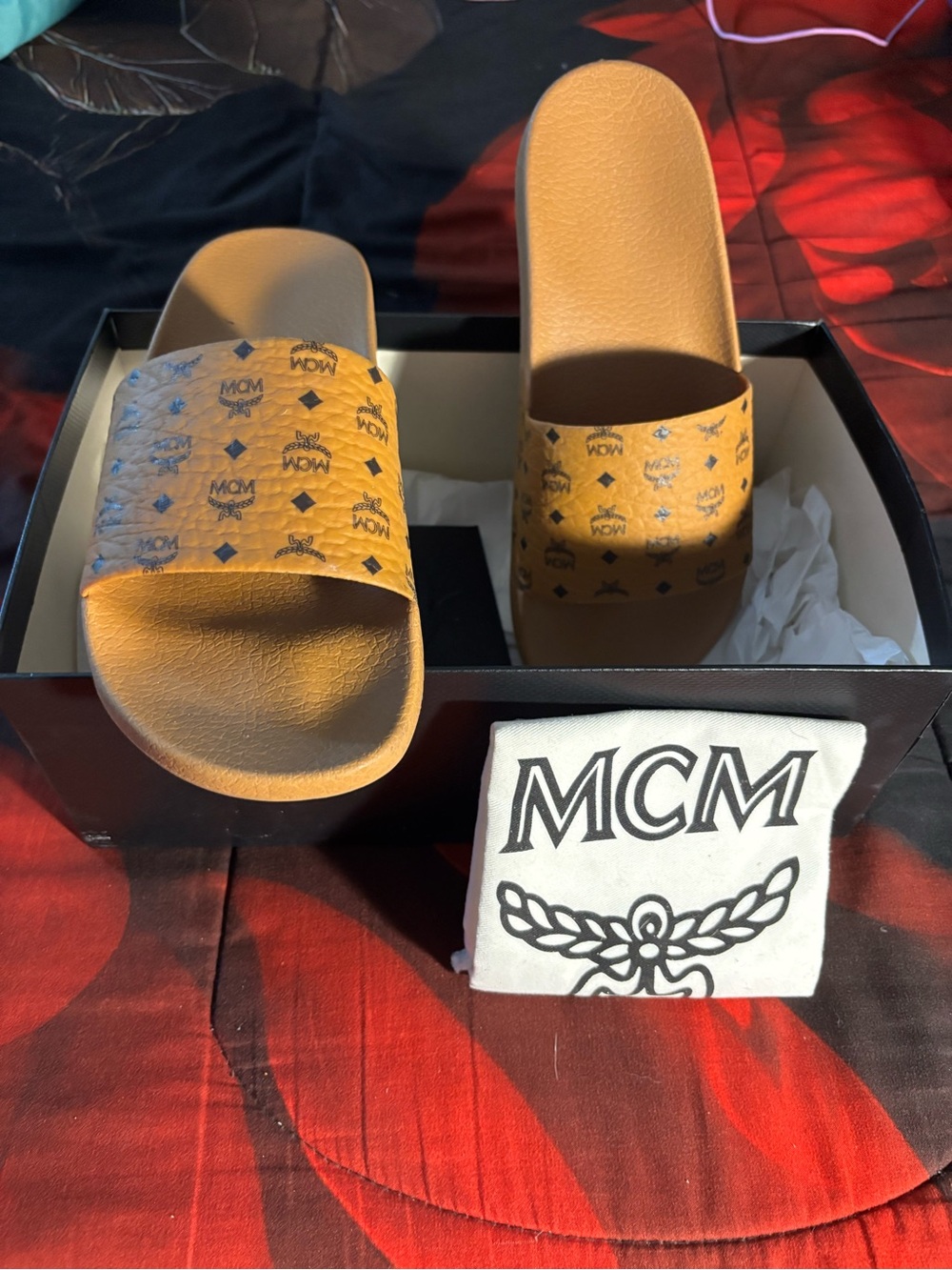 MCM Tan Logo Slide Sandals with Monogram Print